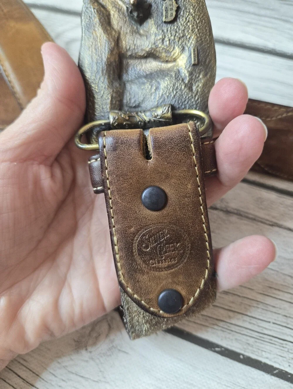 Vintage NRA Golden Eagles Leather Belt Bronze Eagle Buckle Made USA Size 42